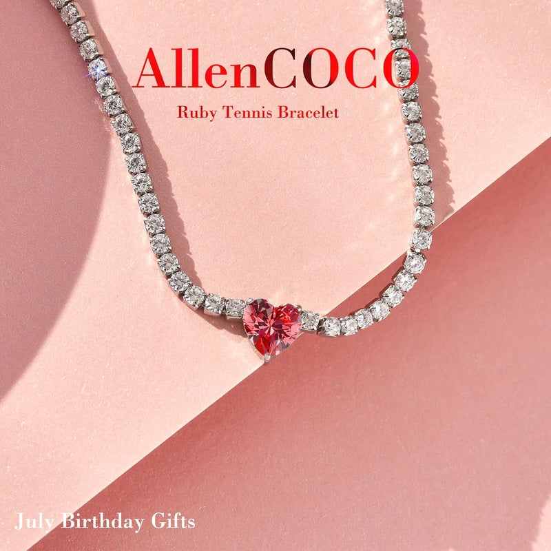 AllenCOCO Sterling Silver Heart Birthstone Bracelet, 14K White Gold Plated, AAAAA+ CZ Cubic Zirconia, Tennis Chain with Heart Charm, Hypoallergenic, Non-Tarnish Jewelry Gift for Women - Image 2